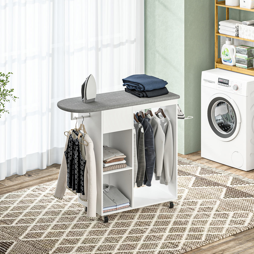Mobile Ironing Board with Wheels and Iron Holder, Clothes Bar, Drawer and Shelves, 125x43.5x112cm, White