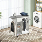 Mobile Ironing Board with Wheels and Iron Holder, Clothes Bar, Drawer and Shelves, 125x43.5x112cm, White