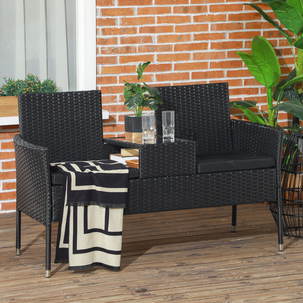 2-Seater Outdoor Sofa with Coffee Table, in Steel and PE Rattan, 137x59x82 cm, Black - Borgè