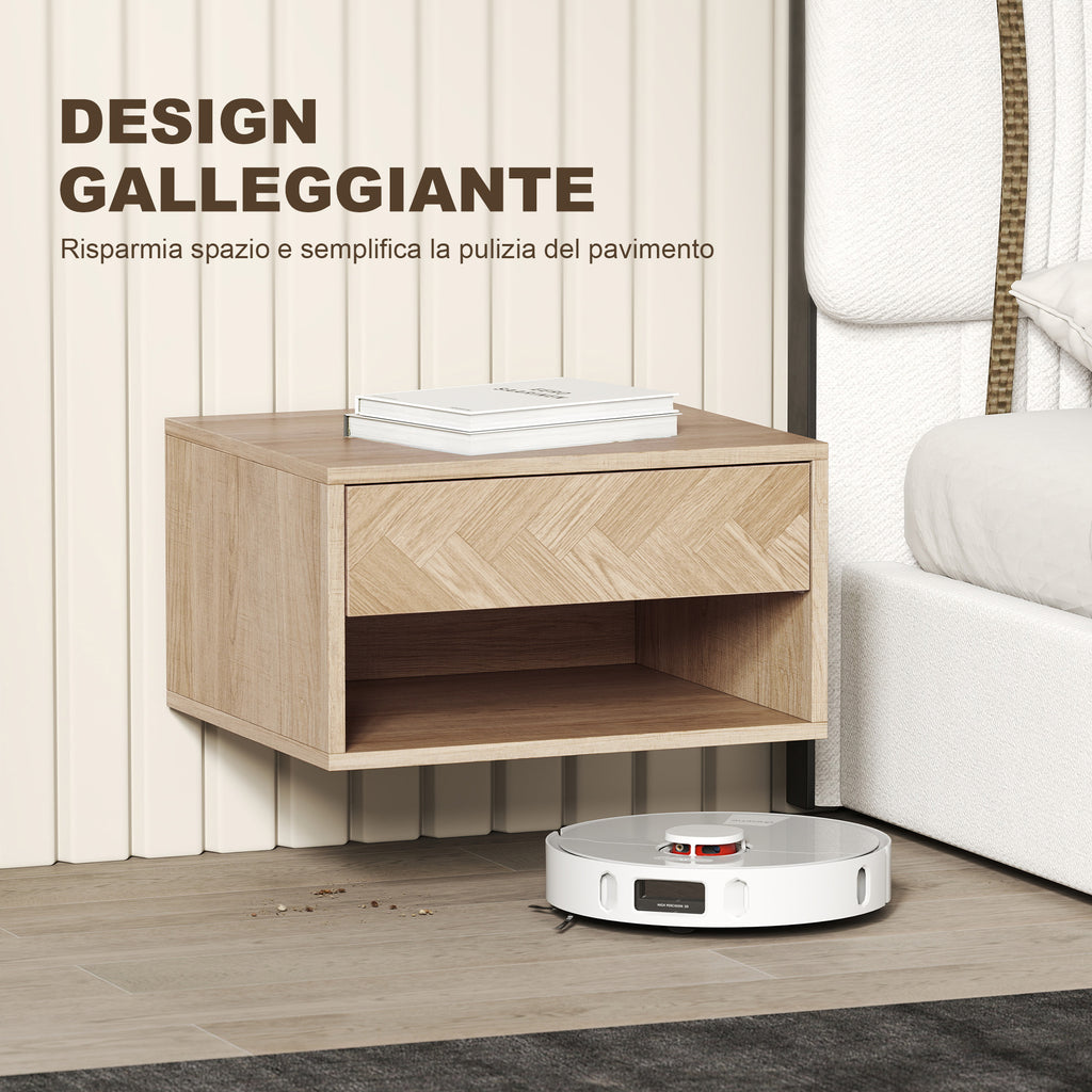 HOMCOM Set of 2 Modern Floating Bedside Tables with Drawer and Open Compartment, 37x32x21 cm, Natural Wood