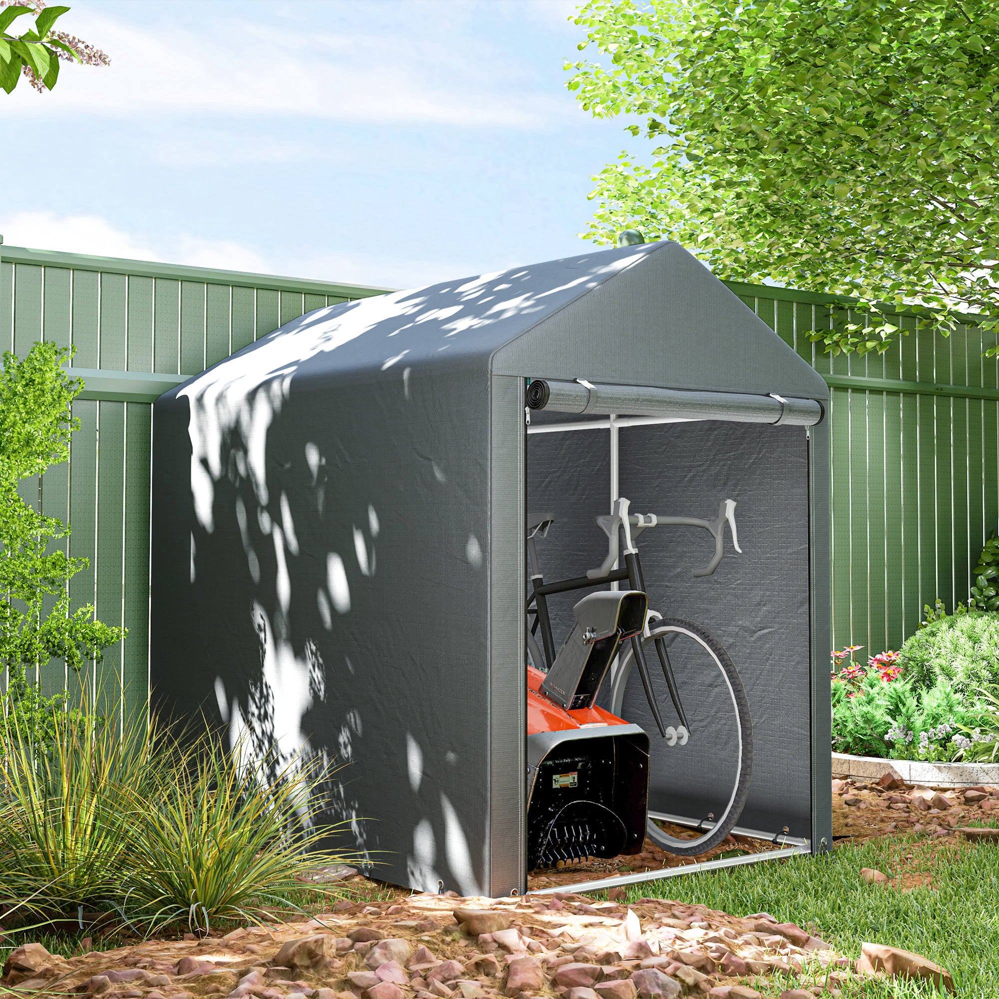 UV Protection Tool Shed with Zip Entrance, Galvanized Steel and PE Fabric, 120x179x165 cm, Dark Grey
