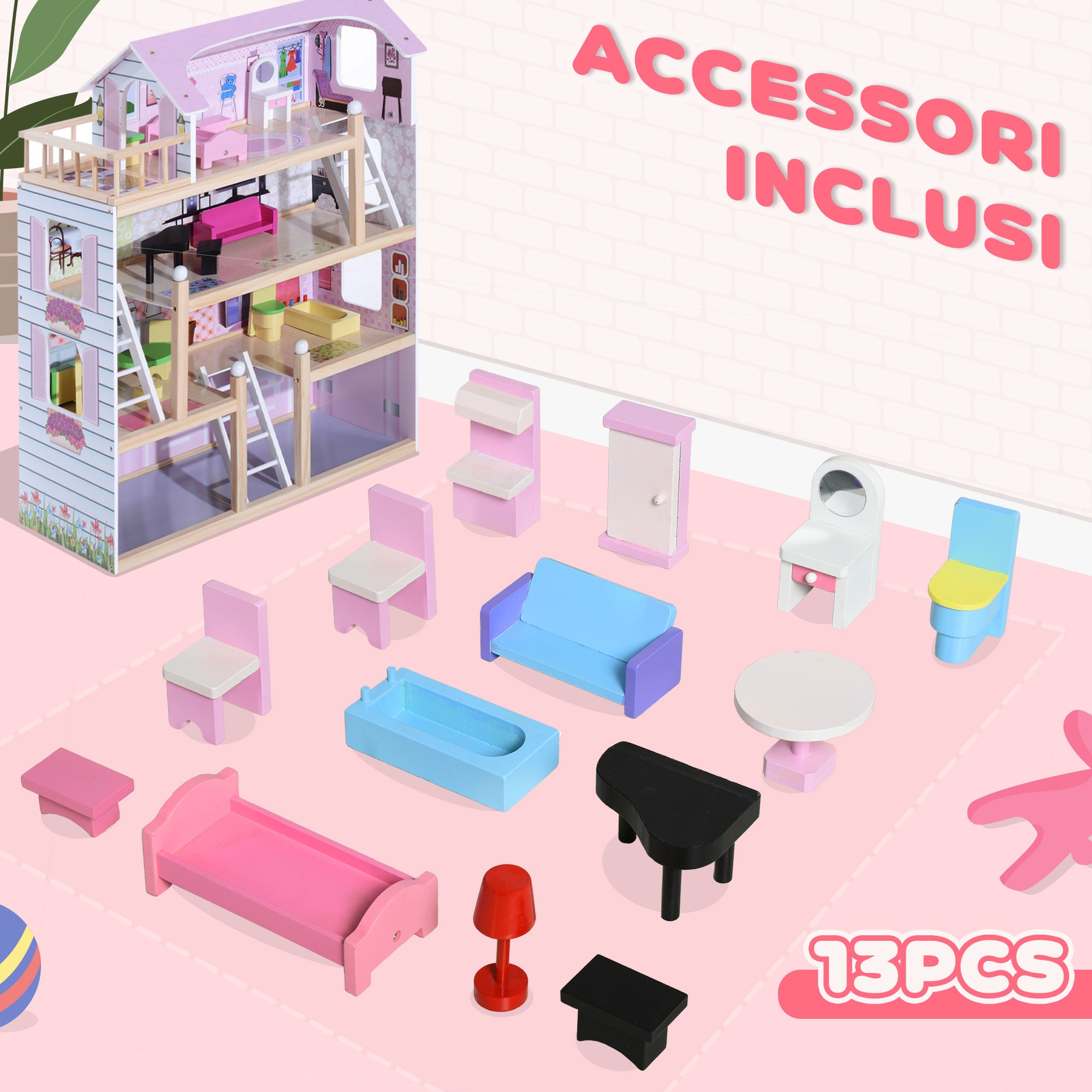 4-Story Dollhouse for Children Ages 3+, Pine Wood and MDF, with 13 Accessories, Pink, 60x30x80 cm