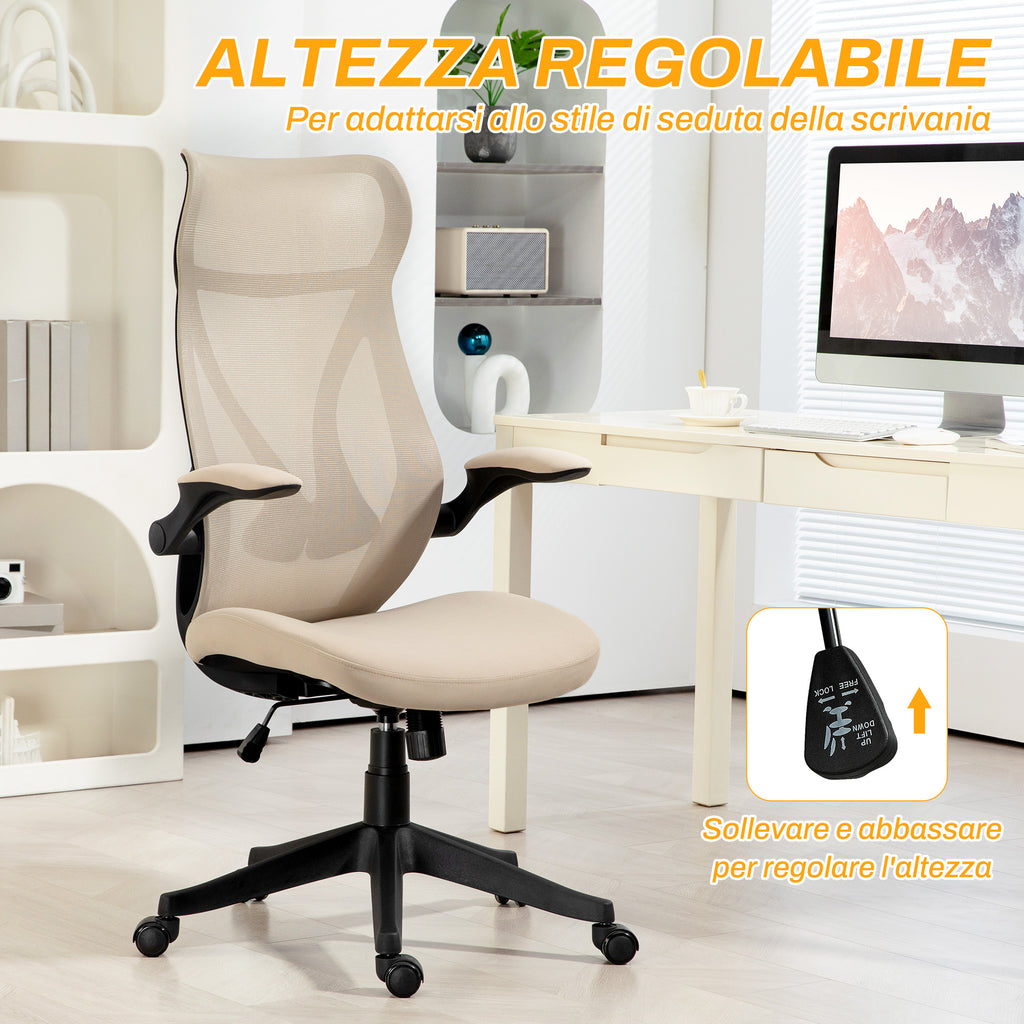 Office Chair with Folding Armrests, Adjustable Height and Reclining Backrest, Beige