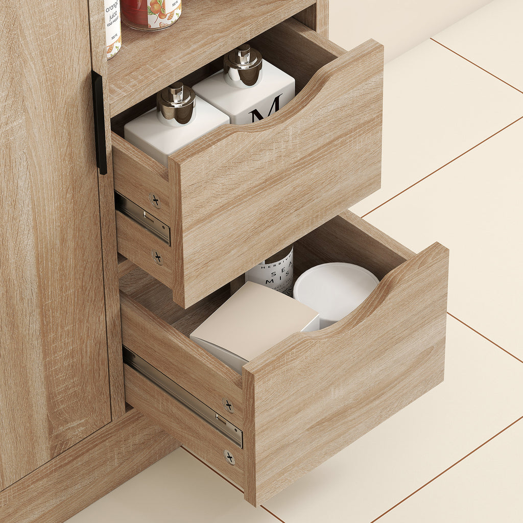 Space-Saving Slim Bathroom Cabinet with 2 Drawers, Shelves and Cabinet, 50x25x100 cm, Natural Wood