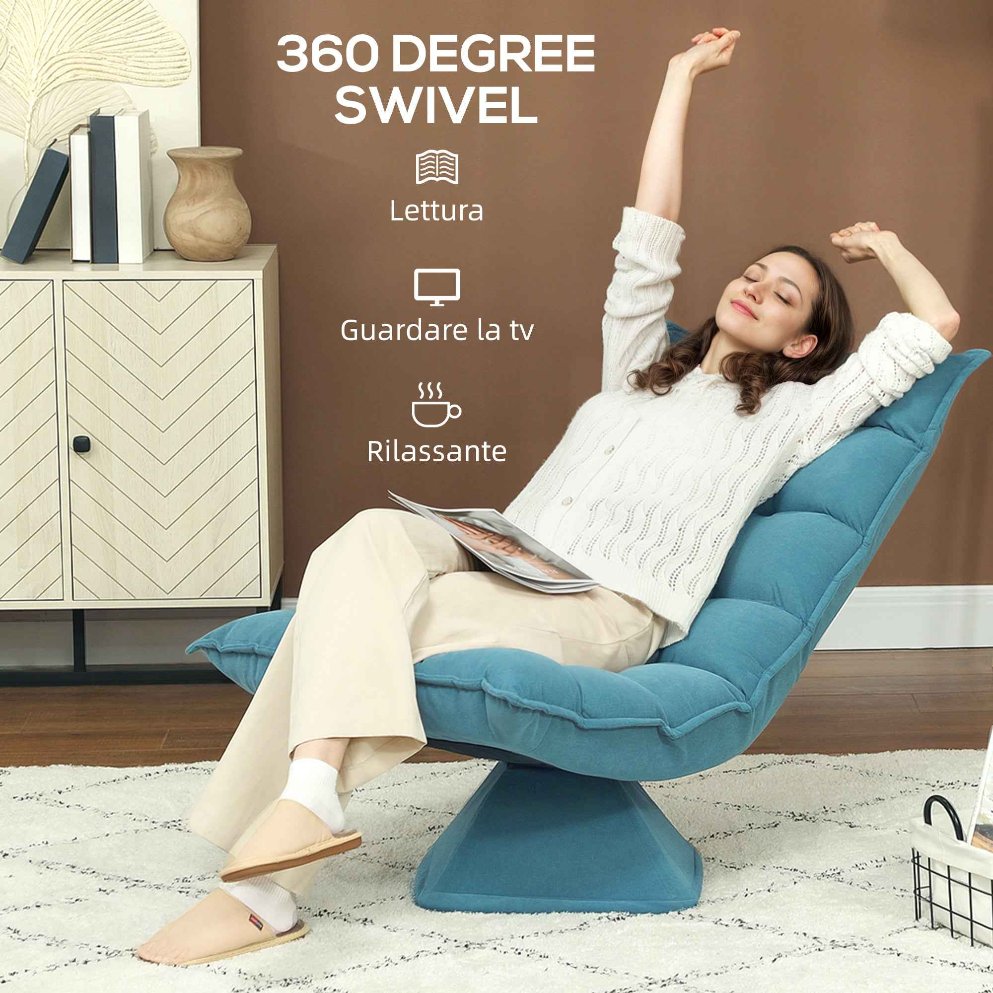 HOMCOM Velvet and Steel Swivel Relaxing Chair with 5-Position Adjustable Backrest, 62x70x95 cm, Blue