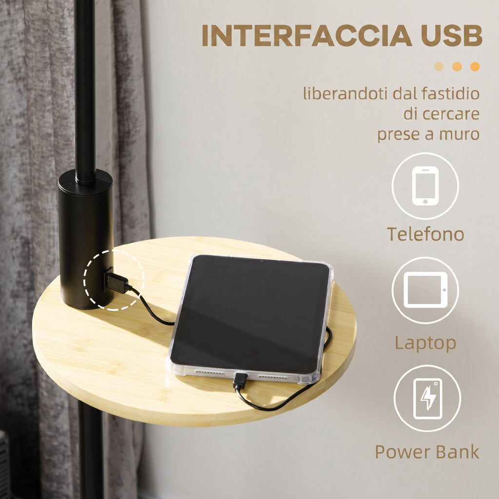 HOMCOM Floor Lamp with Integrated Bamboo Shelf, Linen-Effect Fabric Shade, Steel Base, Black and Beige