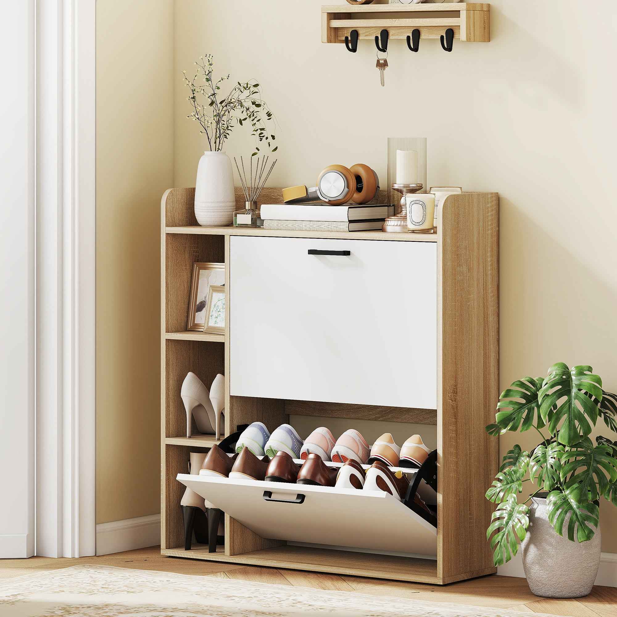 HOMCOM Slim Shoe Rack with 2 Tilting Drawers and 3 Open Compartments, Capacity 15 Shoes, 83x24x90.5 cm, Wood and White Color