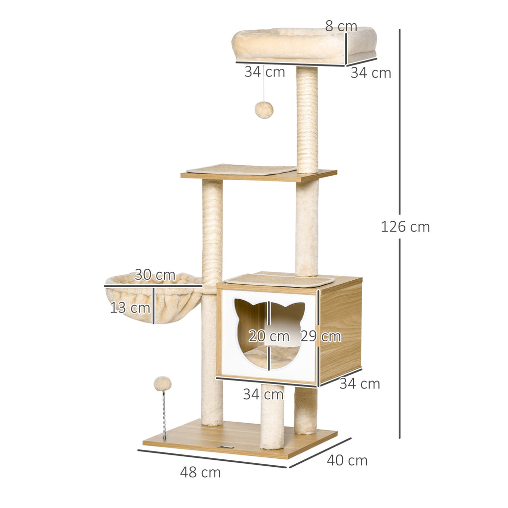 Cat Scratching Post with 2 Posts, House, Hammock, Bed and 2 Balls, Made of Wood, Fleece and Sisal, 48x40x126 cm