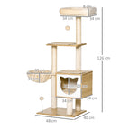 Cat Scratching Post with 2 Posts, House, Hammock, Bed and 2 Balls, Made of Wood, Fleece and Sisal, 48x40x126 cm