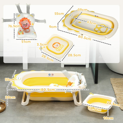 Foldable Baby Bath Tub with Pad and Washbasin, Non-Slip Plastic, 80.5x55x20 cm, Yellow