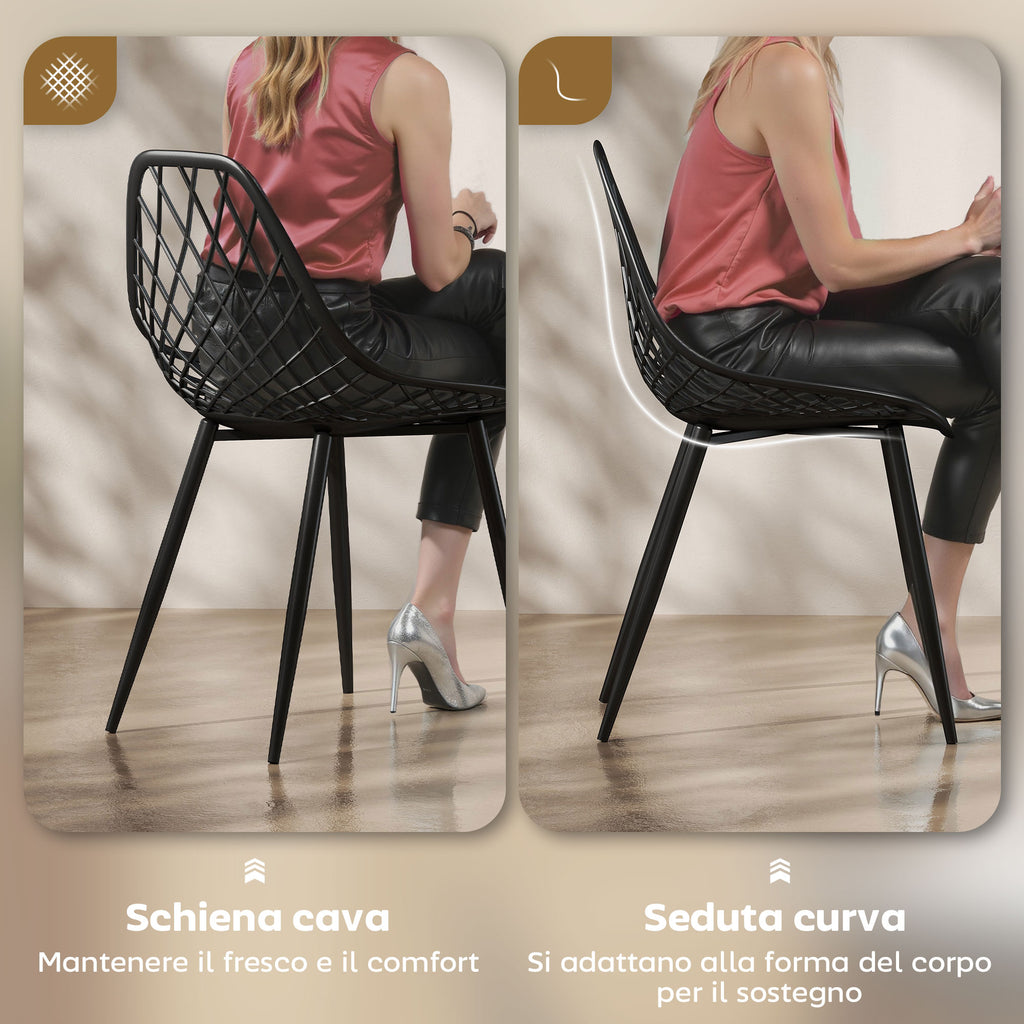 Set of 4 Modern Dining Chairs with Perforated Backrest in Plastic and Metal Legs, Black
