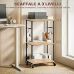 HOMCOM Industrial Printer Table 3 Tier, Wheels and Hooks, Rustic Brown.