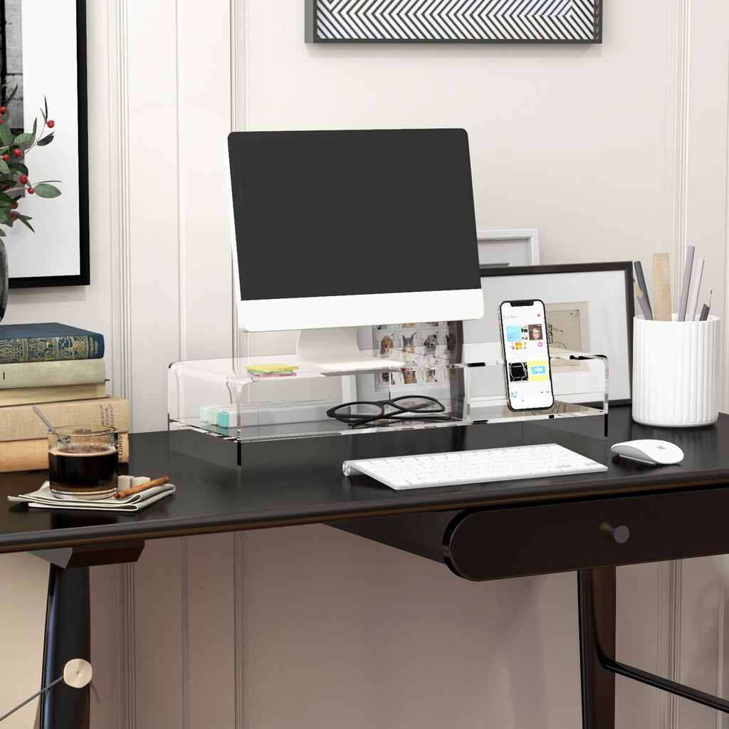 24" Max PC Monitor Stand with 2 Open Shelves, Transparent Acrylic, 50.8x19x12 cm