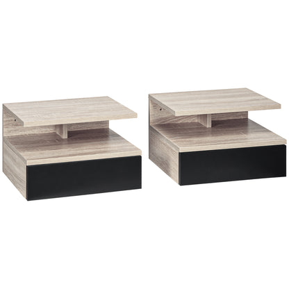 Set of 2 Modern Floating Bedside Tables with Drawer and Top Shelf, 35x32x22.5cm, Oak and Black