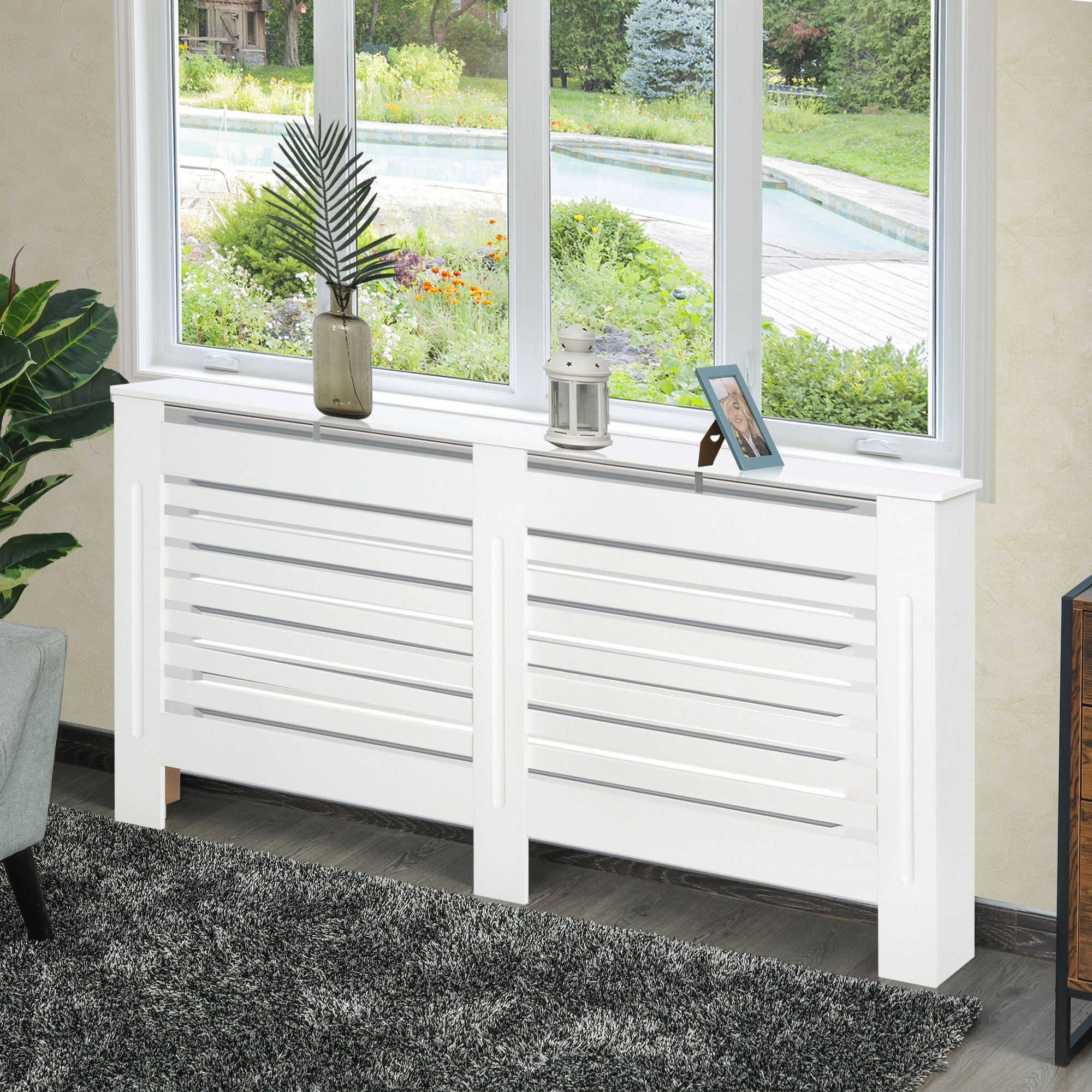 Slatted Radiator Cover with Storage Shelf, Wooden, 172x19x81 cm, White