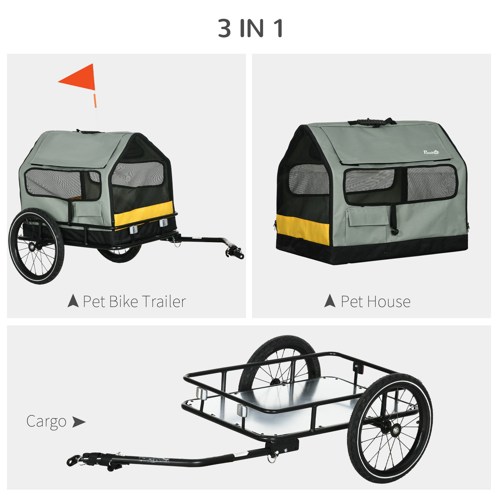 PawHut 3-in-1 Dog Trailer with Removable House and Flag for Small Dogs, Gray - Borgè