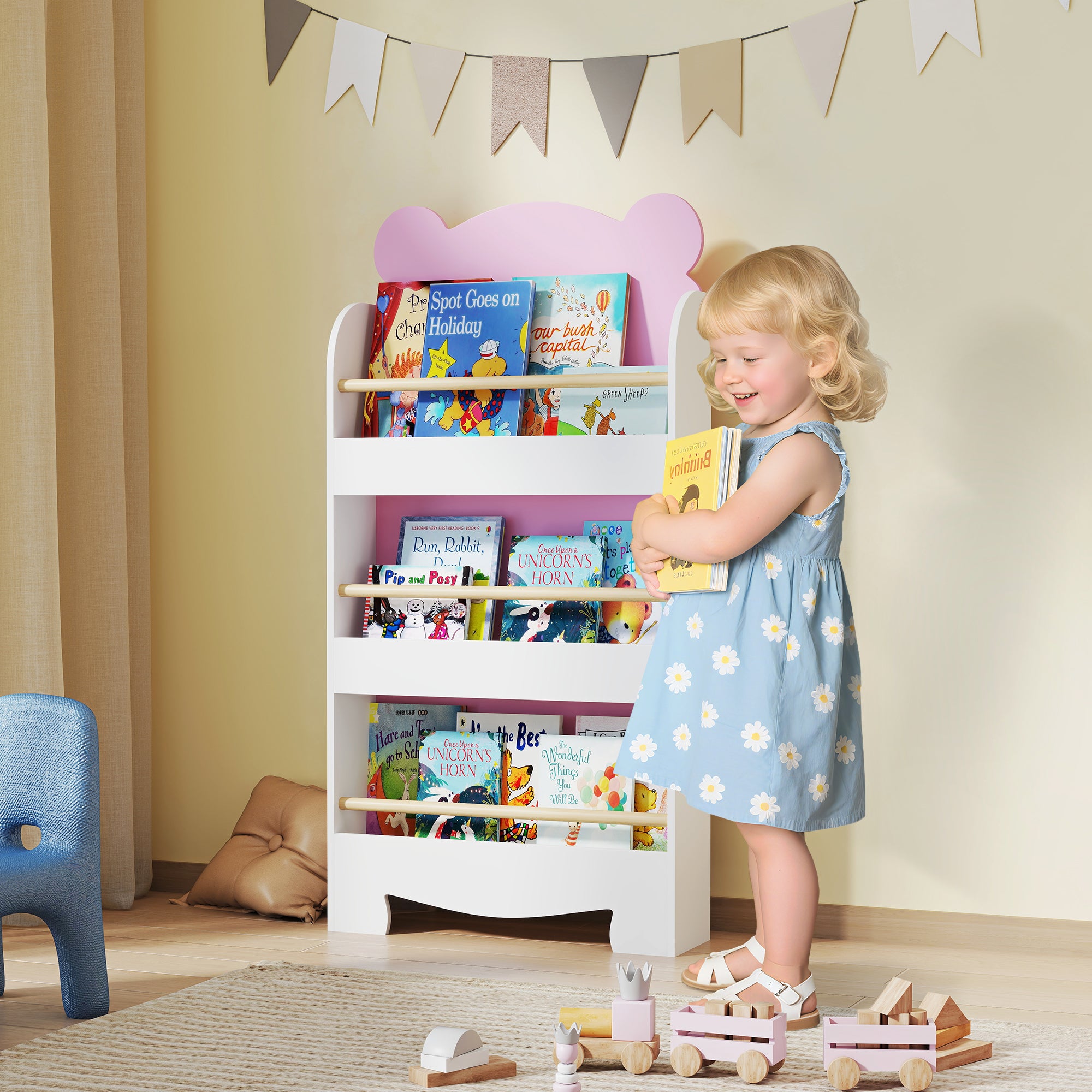 Children's Bookcase with 3 Shelves in the Shape of a Teddy Bear with Front Barriers, 55x15x110 cm, Pink