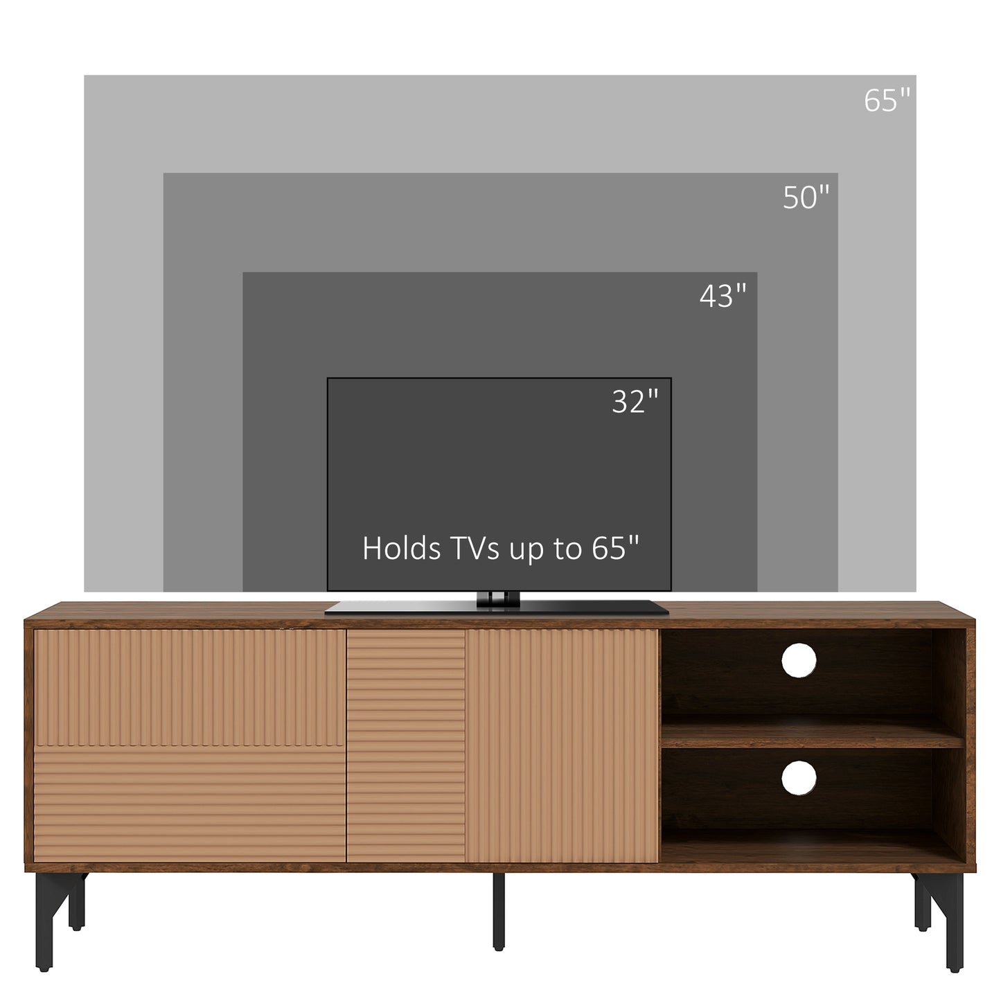 TV Cabinet up to 65" with 2 Cabinets and 2 Open Wooden Compartments, 150x40x56cm, Brown - Borgè