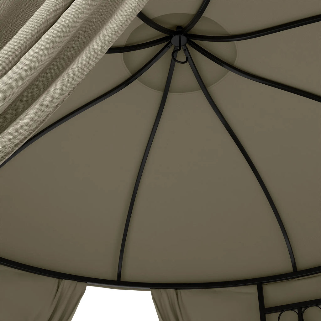 Round Garden Gazebo Ø3m with Curtains and Air Vents in Metal and Polyester, Beige