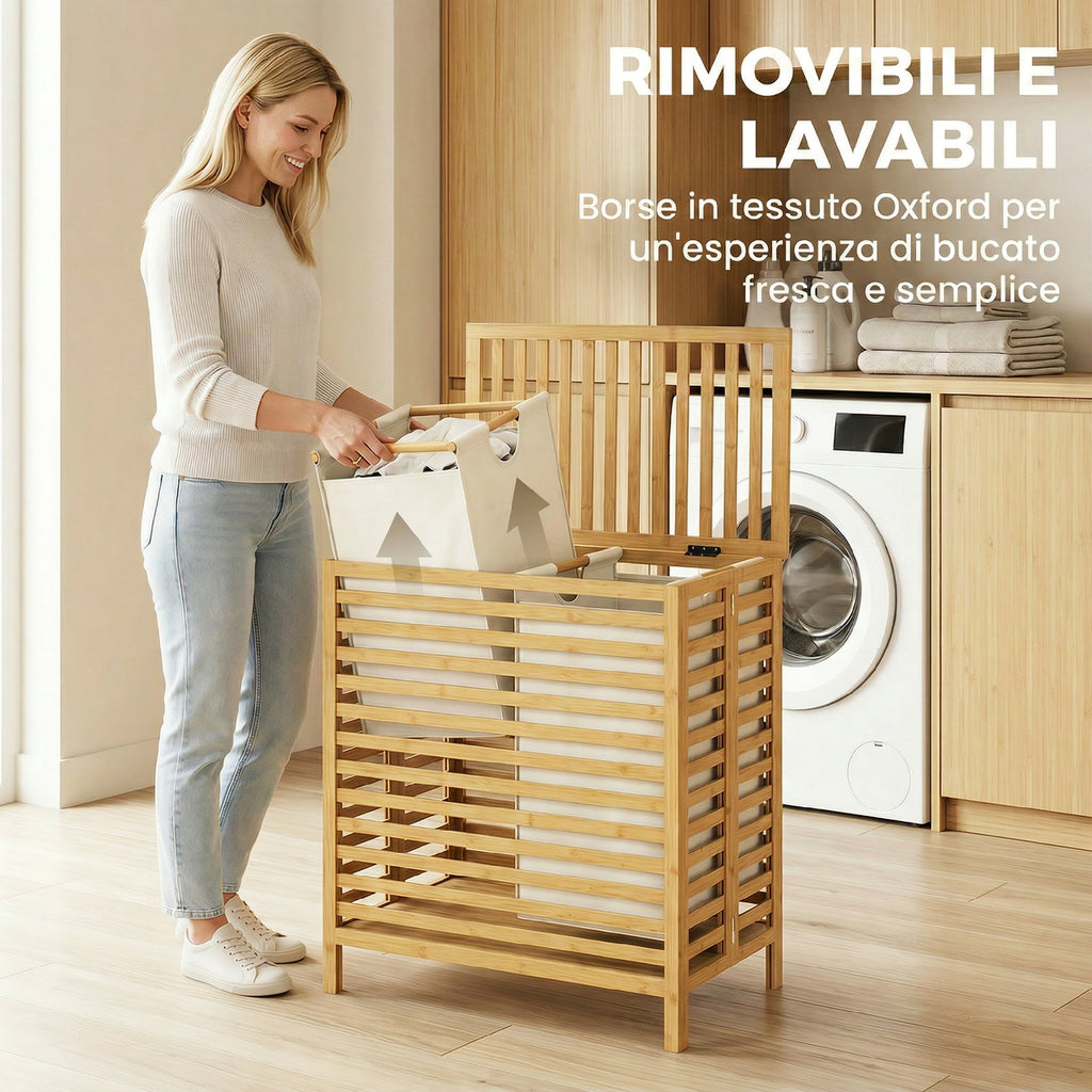 HOMCOM 64L Bamboo Laundry Hamper with Lid, 2 Removable and Washable Oxford Fabric Bags, Wood Color