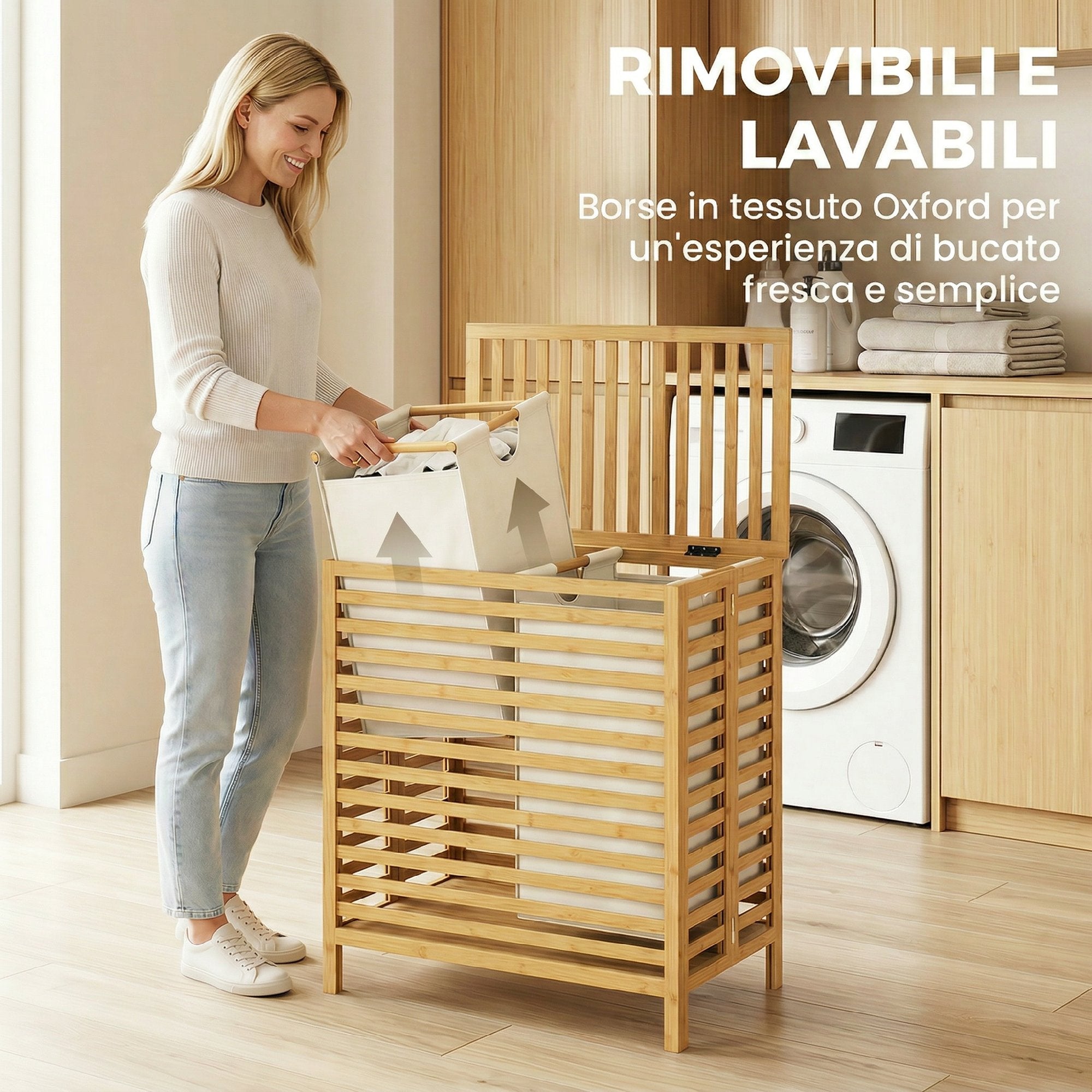 HOMCOM 64L Bamboo Laundry Hamper with Lid, 2 Removable and Washable Oxford Fabric Bags, Wood Color