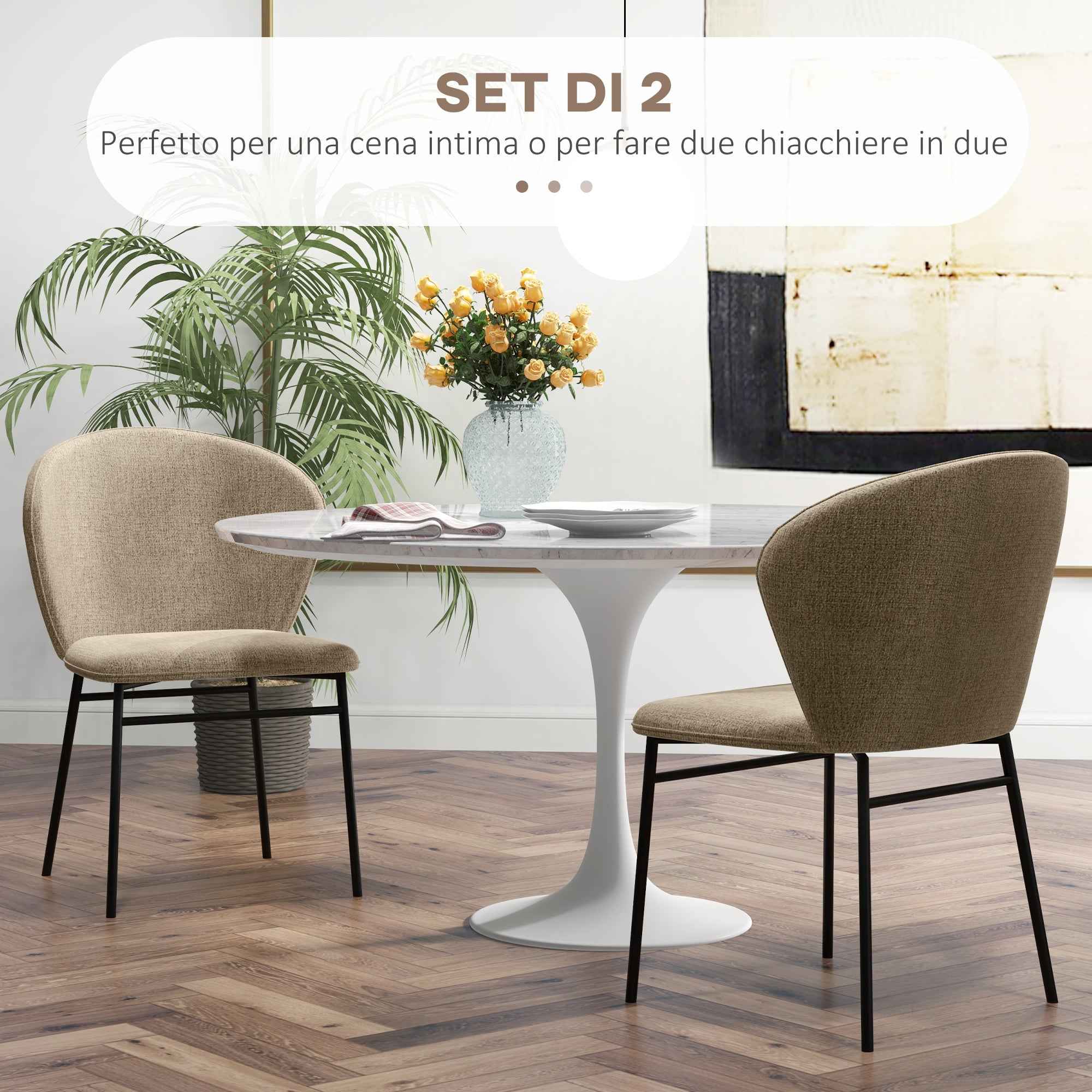 Set of 2 Dining Chairs in Steel and Linen-Effect Fabric, Padded Seat, Curved Backrest, Light Brown