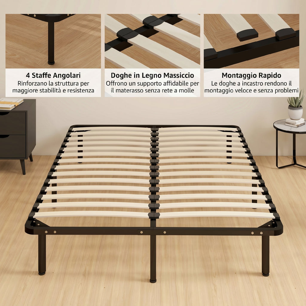 HOMCOM Industrial Double Bed with 28 Slats and Storage Space, in Wood and Steel, 190x140x31 cm, Black and Wood