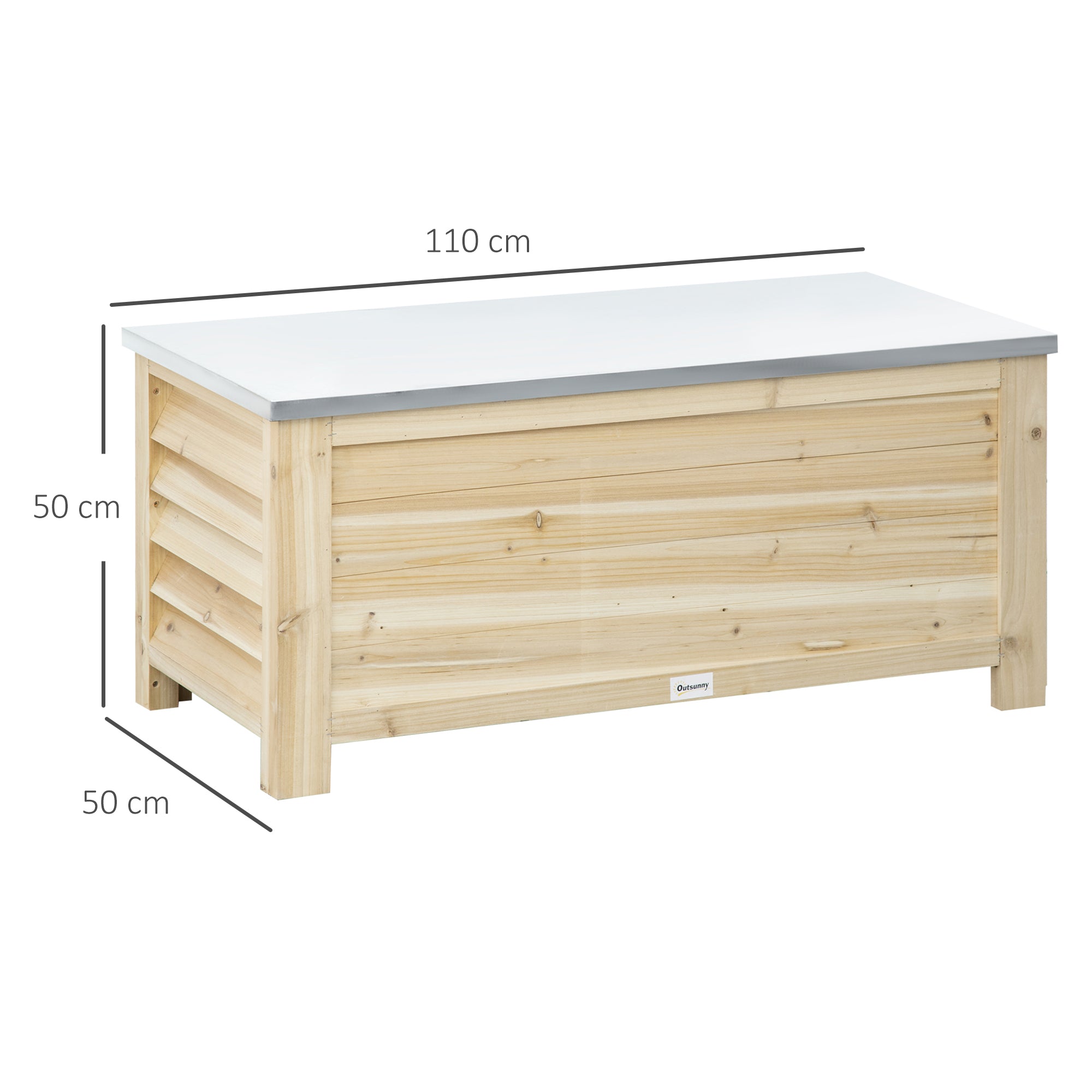 Outsunny 155L Outdoor Wooden Storage Chest with Metal Lid and 2 Shock Absorbers, 110x50x50 cm, Wood Color