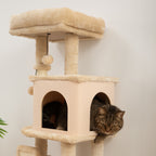 Multi-Level Cat Tree, 104 cm Tall, with House, Bed, Scratching Posts, Brush and Ball, Beige