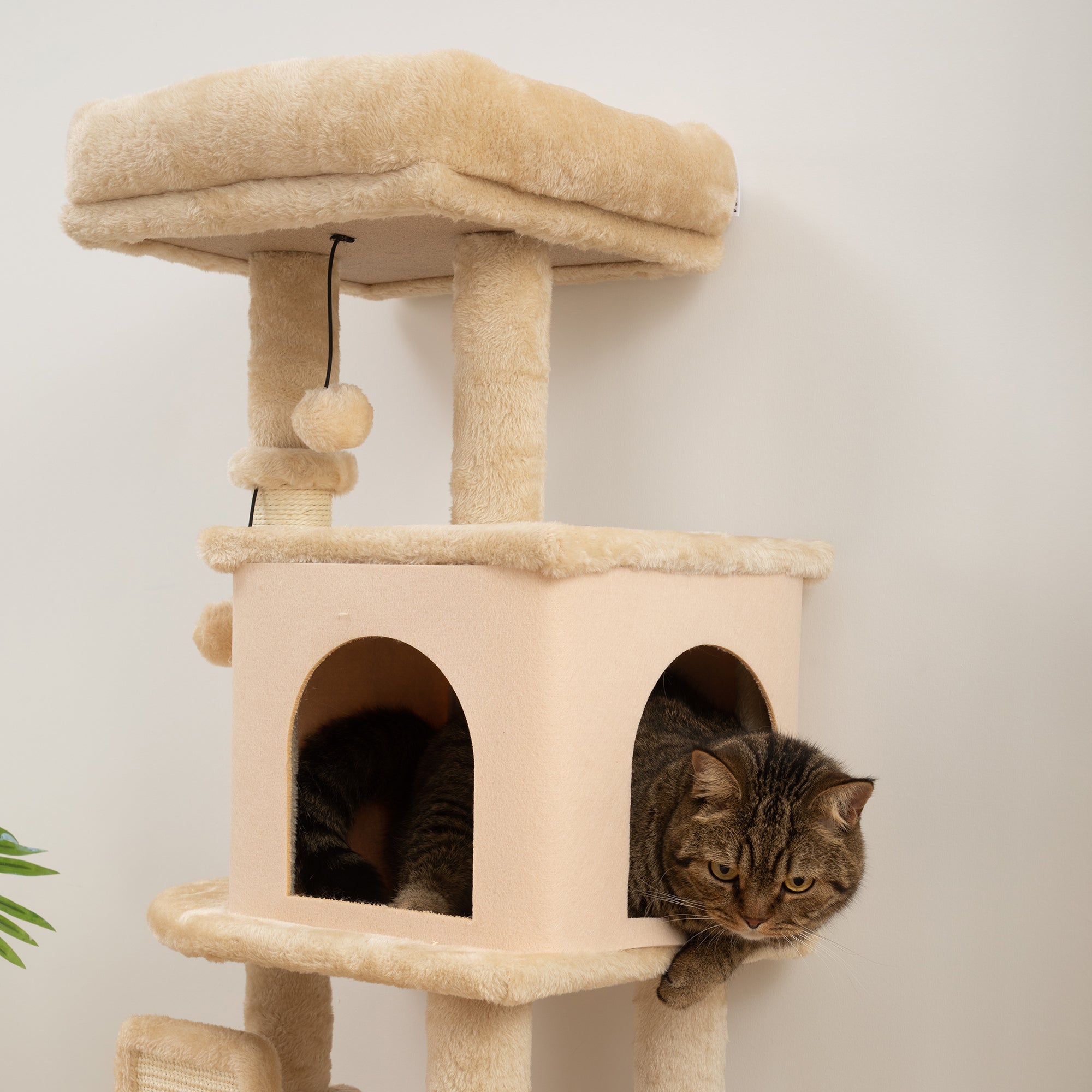 Multi-Level Cat Tree, 104 cm Tall, with House, Bed, Scratching Posts, Brush and Ball, Beige