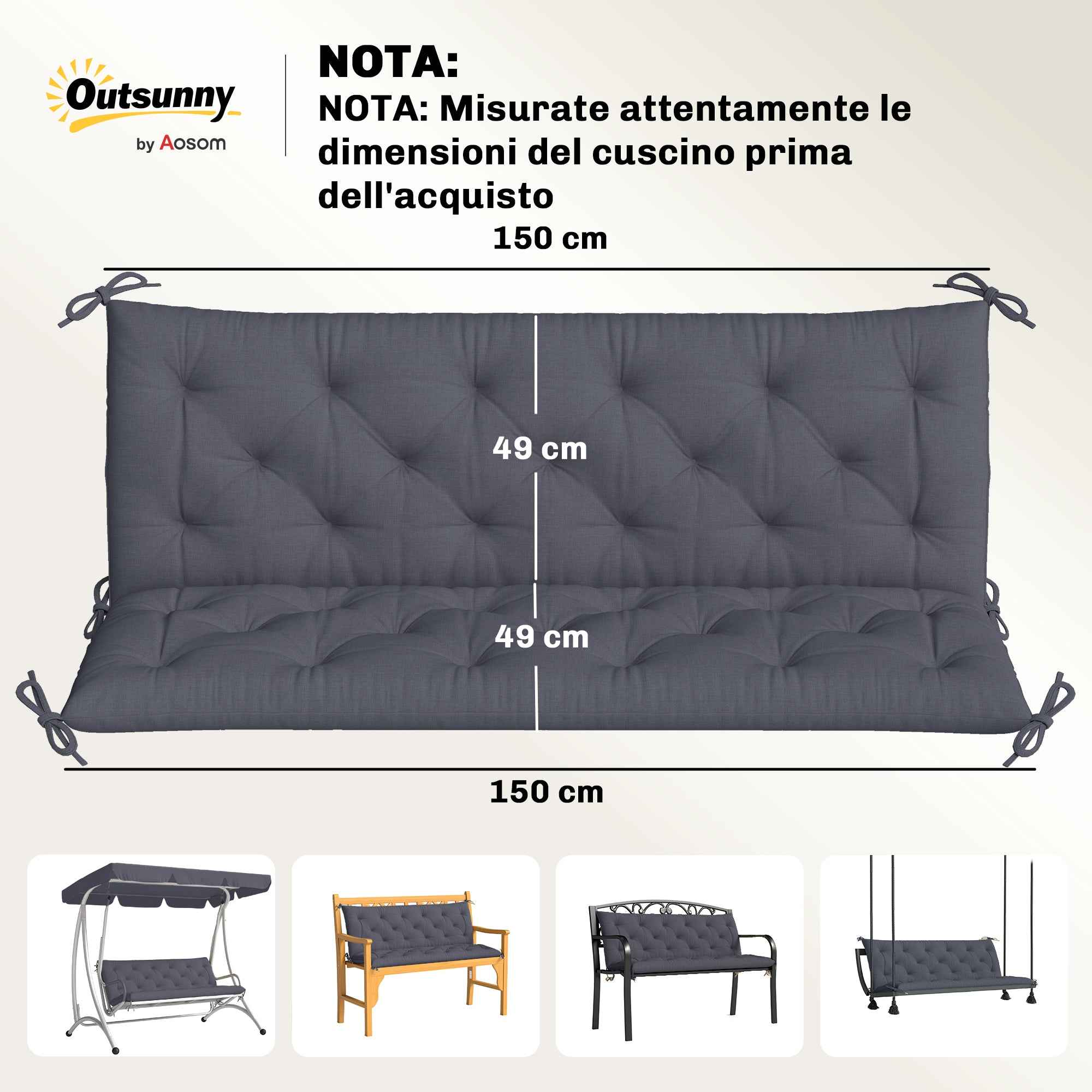 Outsunny Capitonné Style Garden Cushion with 6 Ties, in Cotton and Polyester, 150x98x8 cm, Dark Grey