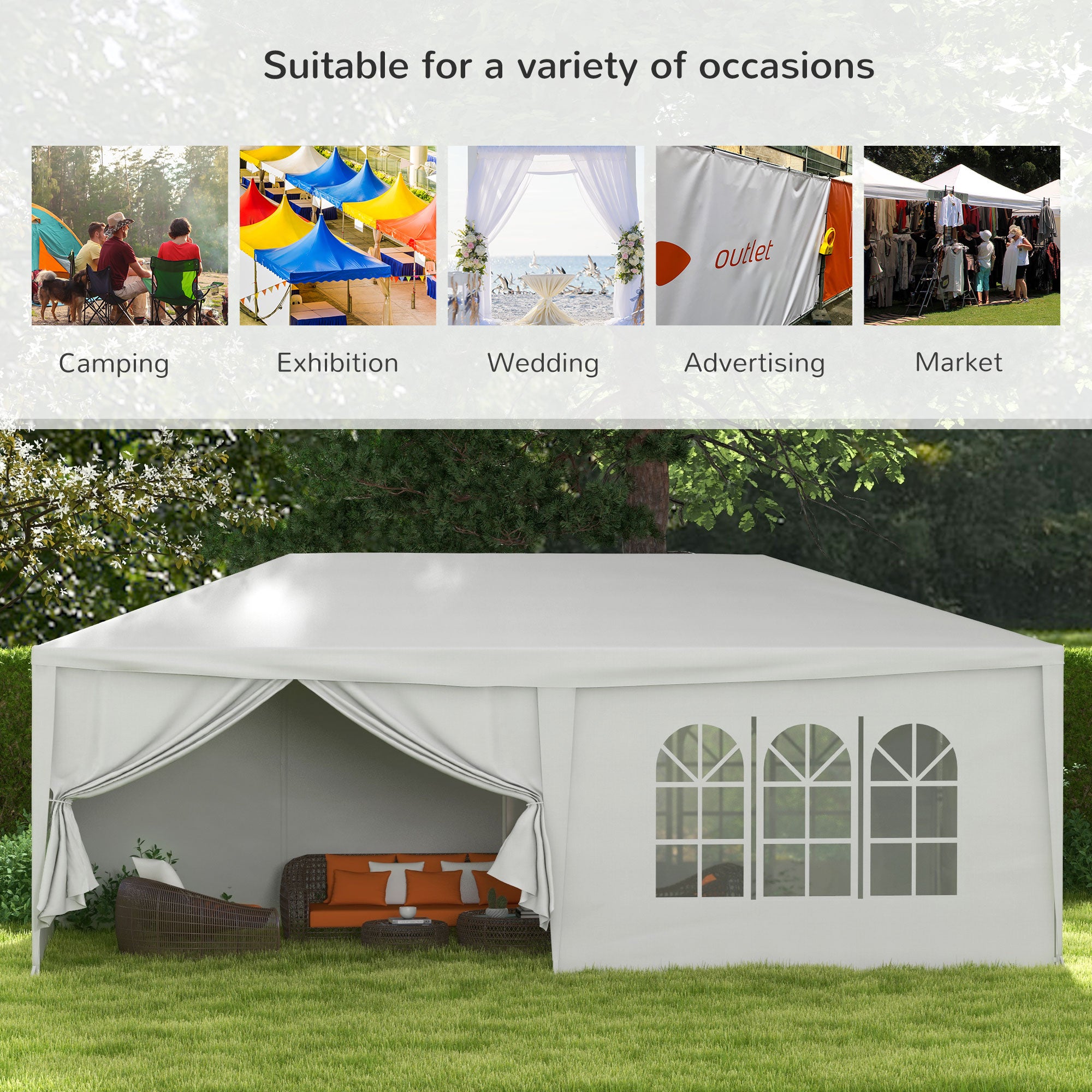 Outsunny gazebo tent for 6x3m parties with removable side walls, doors and windows, white - Borgè