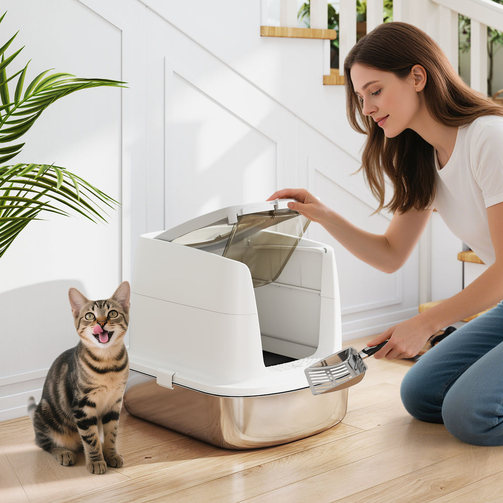 2-Bay Enclosed Cat Litter Box with Deodorizer and Scoop, 52.4 x 41.3 x 39.8 cm, White