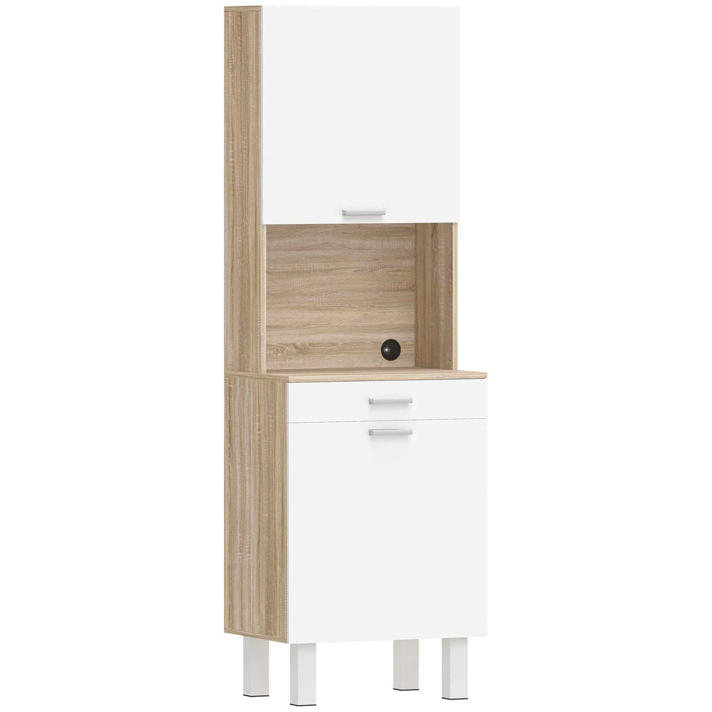 HOMCOM Kitchen Sideboard with Open Shelves, 2 Cabinets and Drawer, in Wood and Metal, 55x40x175 cm, White and Wood