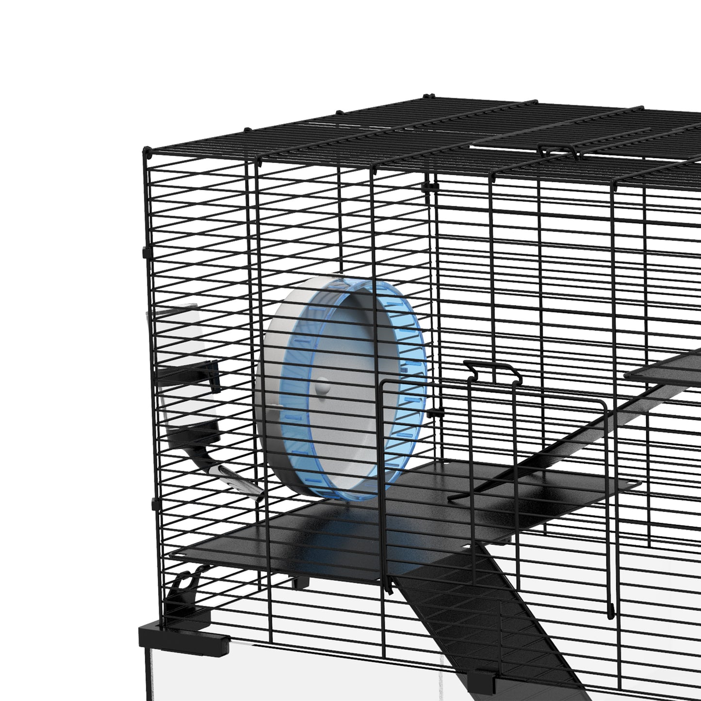 3-Tier Hamster Cage with Wheel, Ramps and Removable Bottom, 60x40x57cm, Black