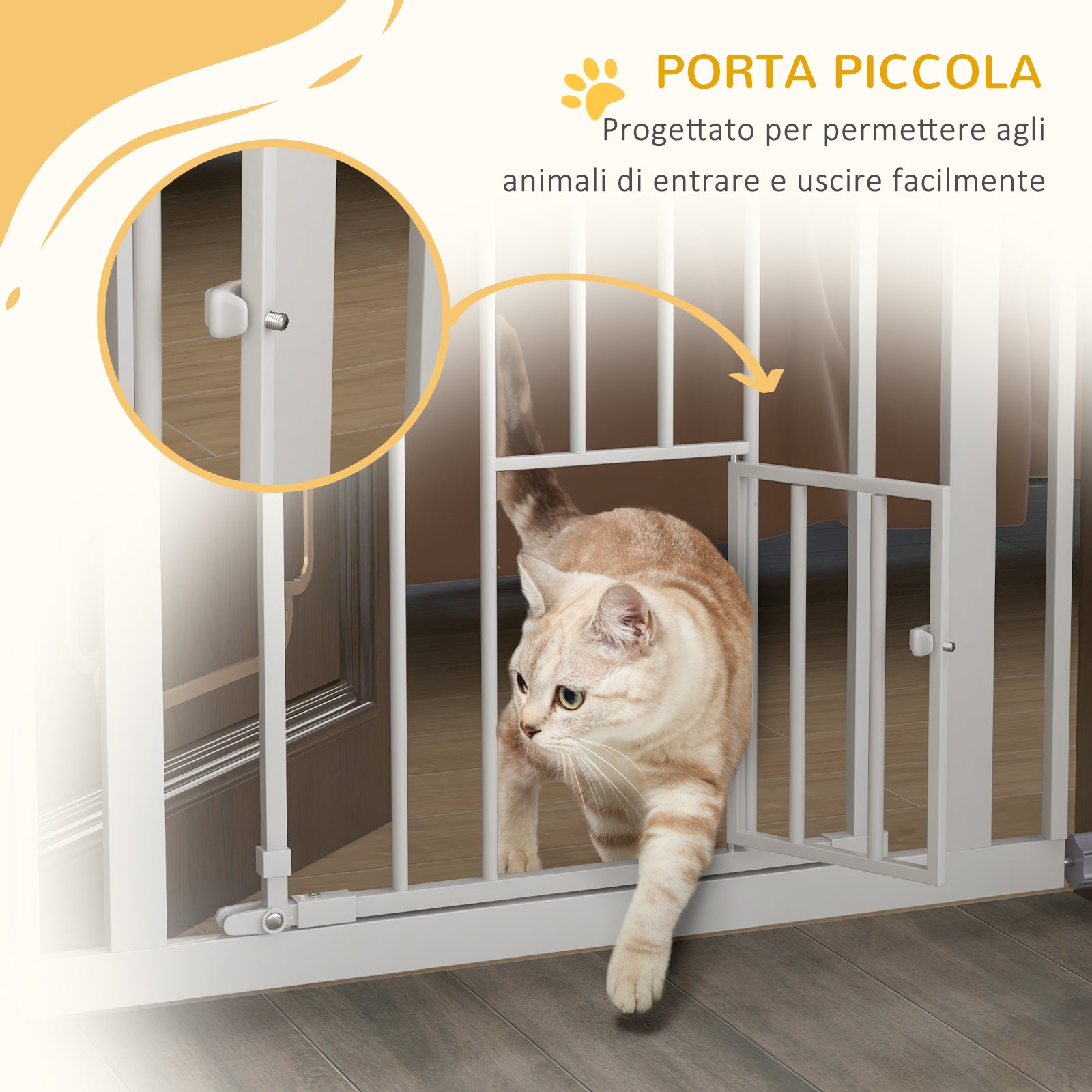 Tall Adjustable Dog Gate with Small Door and Automatic Closing, 74-80x104cm, White