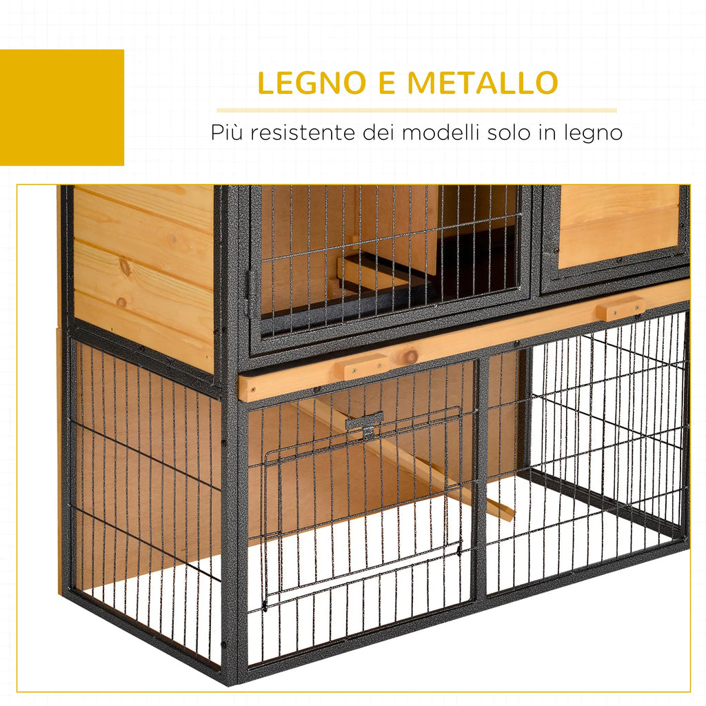 Rabbit Cage with Ramp and Open Area, 2-Tier Wooden and Metal Rabbit Hutch, Light Yellow, 89.5x45x81cm - Borge' Group Limited