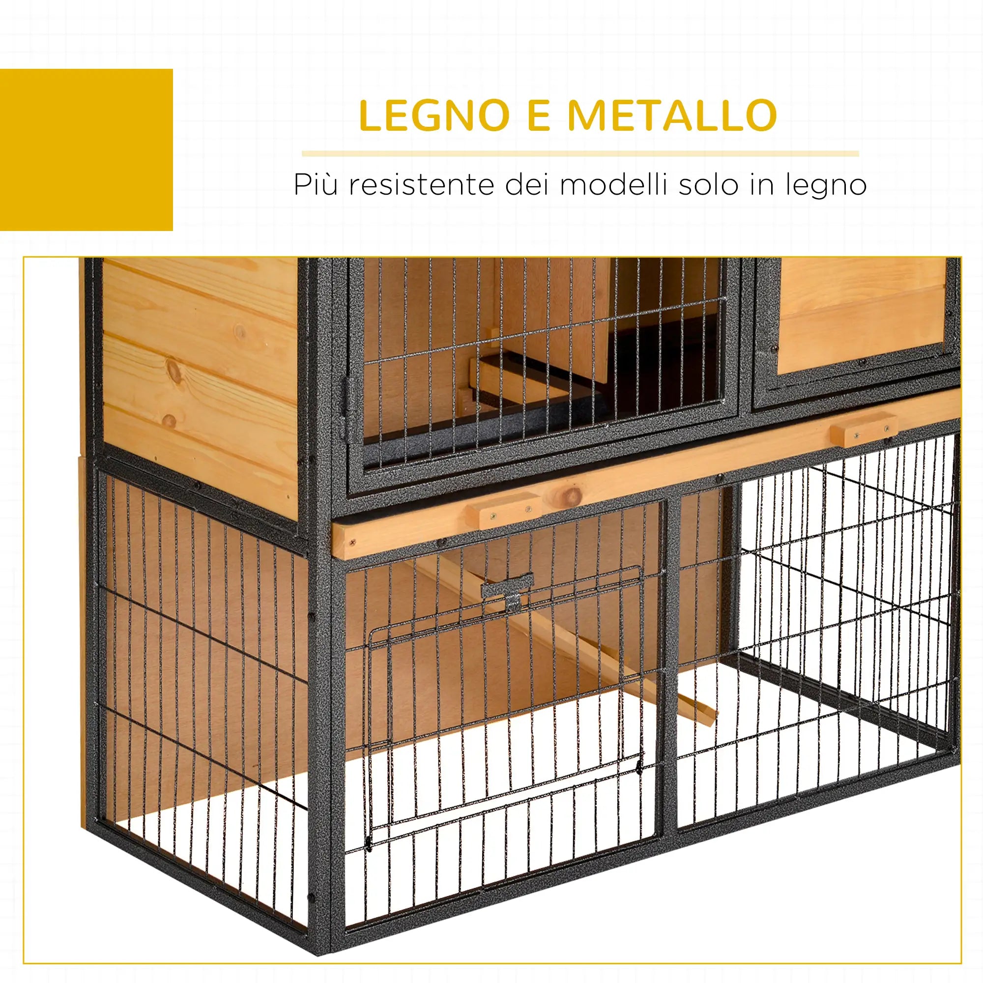 Rabbit Cage with Ramp and Open Area, 2-Tier Wooden and Metal Rabbit Hutch, Light Yellow, 89.5x45x81cm - Borge' Group Limited