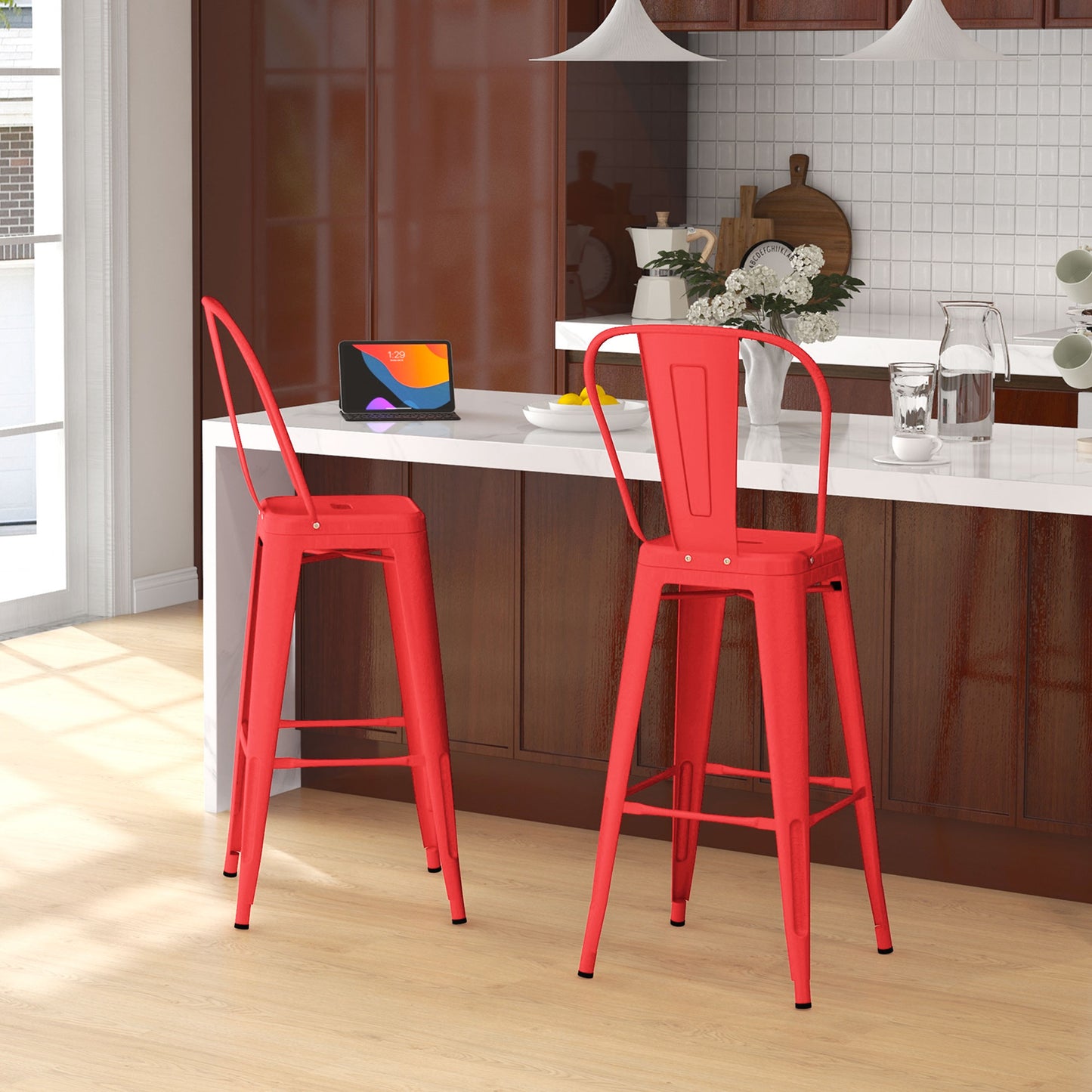 Set of 2 Industrial Bar Stools with Removable Backrest and Footrest, in Metal, 44x49x116 cm, Red