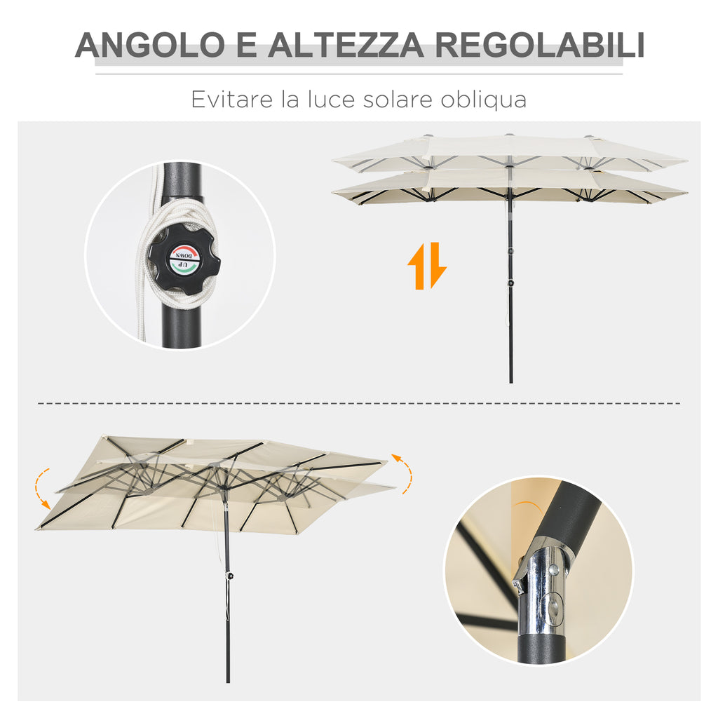 Double Tilting and Adjustable Umbrella with Cord, in Polyester and Metal, 150x295x170-214 cm, Cream