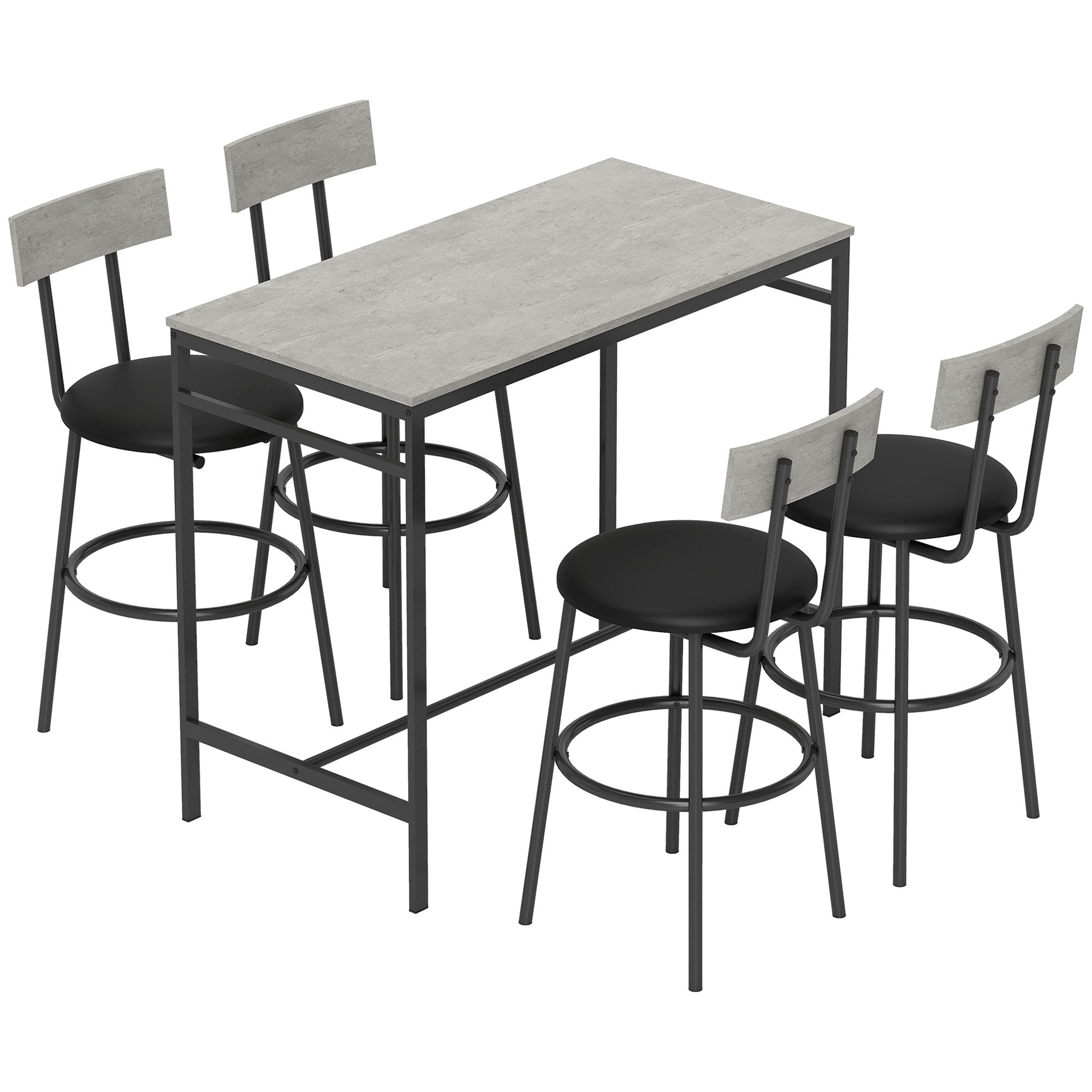 Industrial Style High Table and 4 Bar Stools Set with Backrest and Footrest, Cement Grey