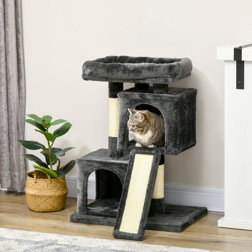 Scratching Tree for Cats with Sisal Poles, Bed and 2 Houses, 59x39x83cm, Dark Gray