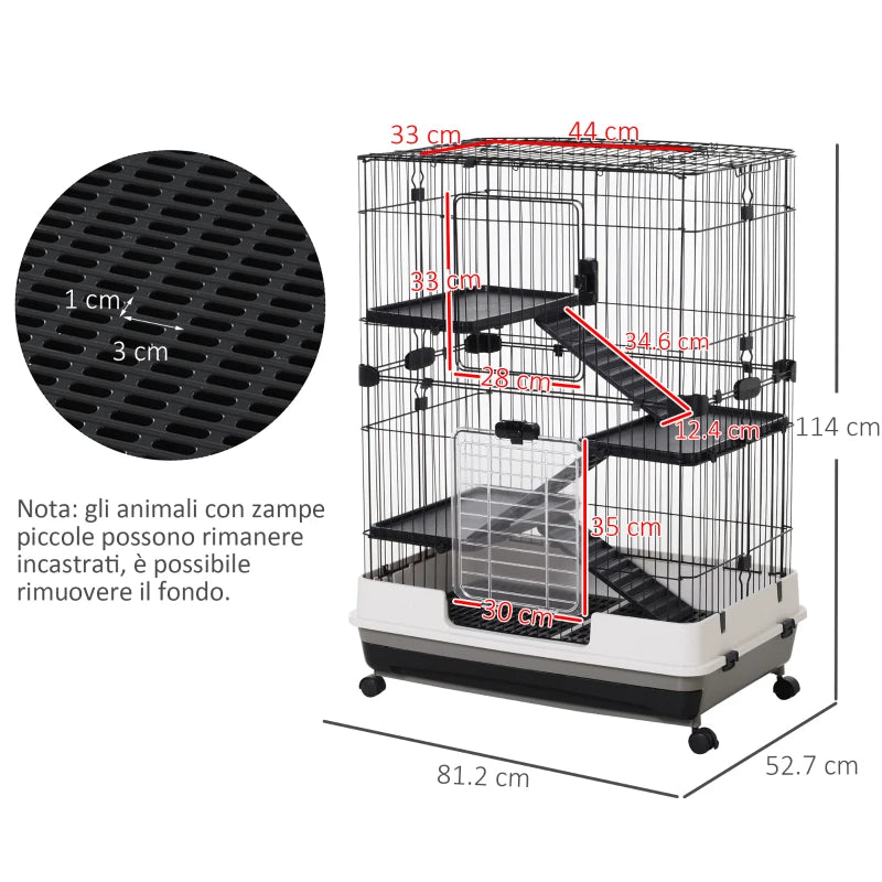 3-Tier Metal Cage with Tray for Rodents, Rabbits and Ferrets with 4 Wheels, 81.2 x 52.7 x 114 cm, Black - Borge' Group Limited