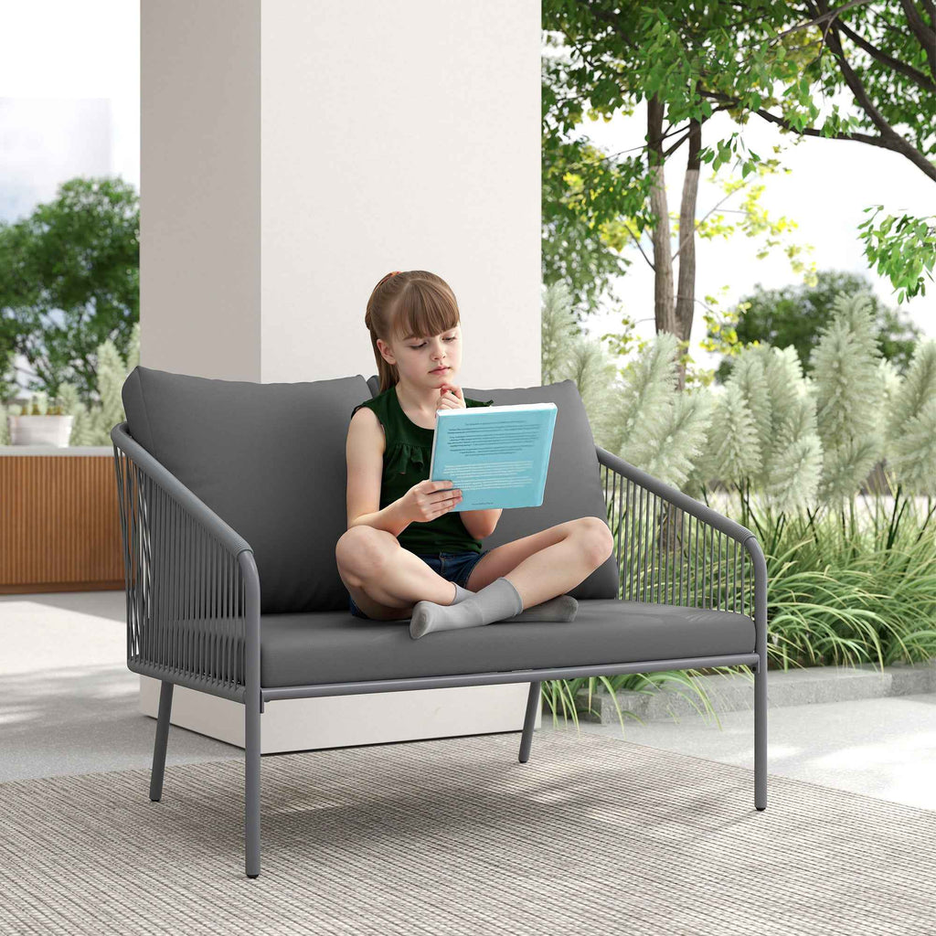 Outsunny 2-Seater Boho Style Sofa with Removable Cushions and Armrests, in Steel and PE Rattan, 112x72x76 cm, Grey