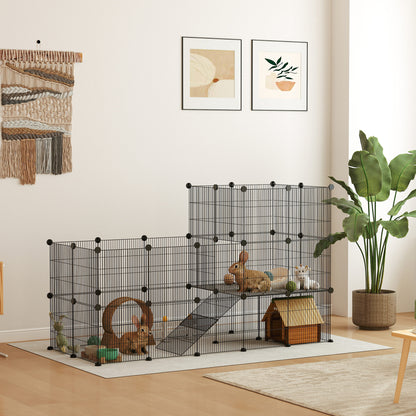 Modular and Multilevel Pet Run with 39 Panels, Steel and PP, 140x70x105 cm, Black