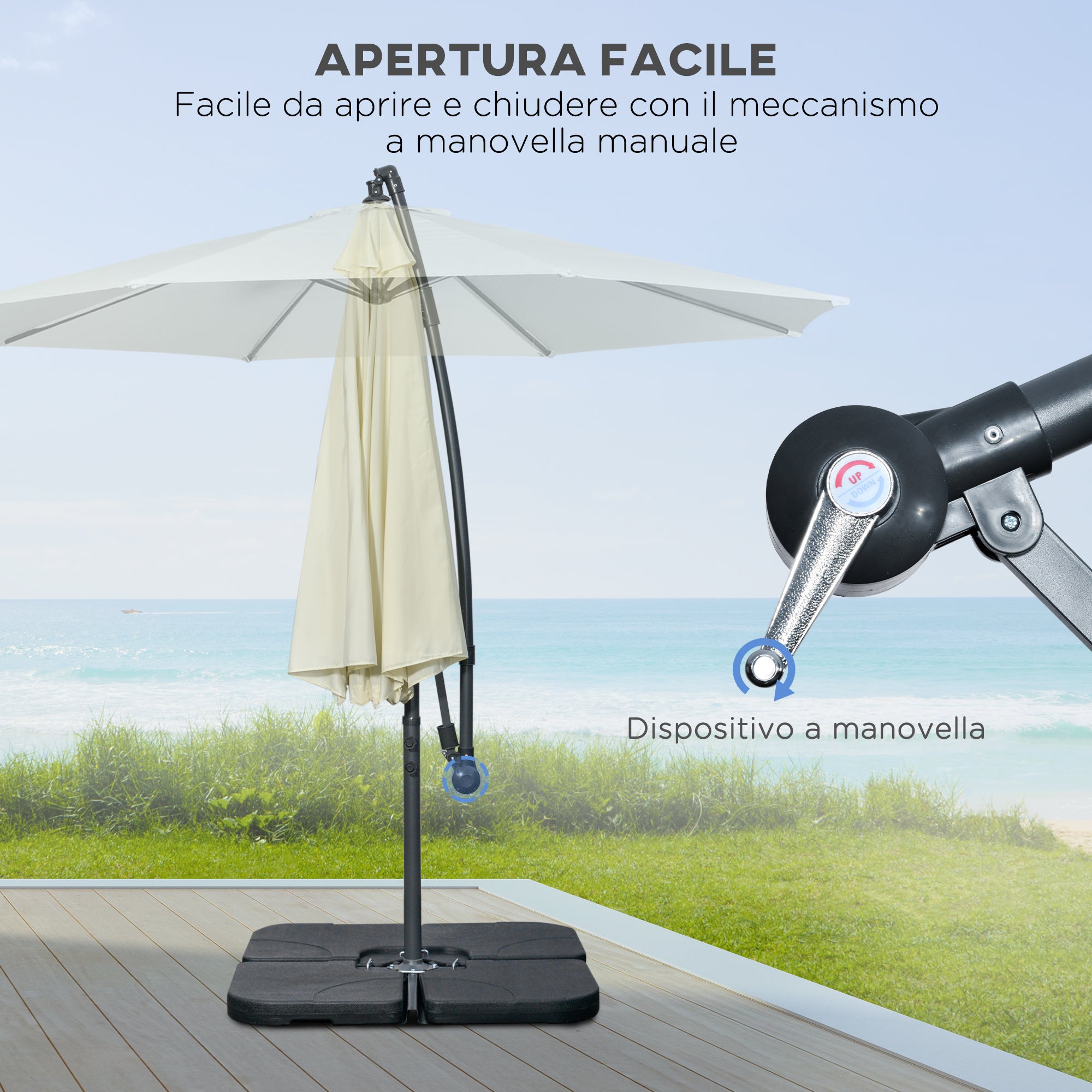 Decentralized Umbrella with 6 Ribs with Crank and Cross Base, in Metal and Polyester, Ø292x247 cm, Beige