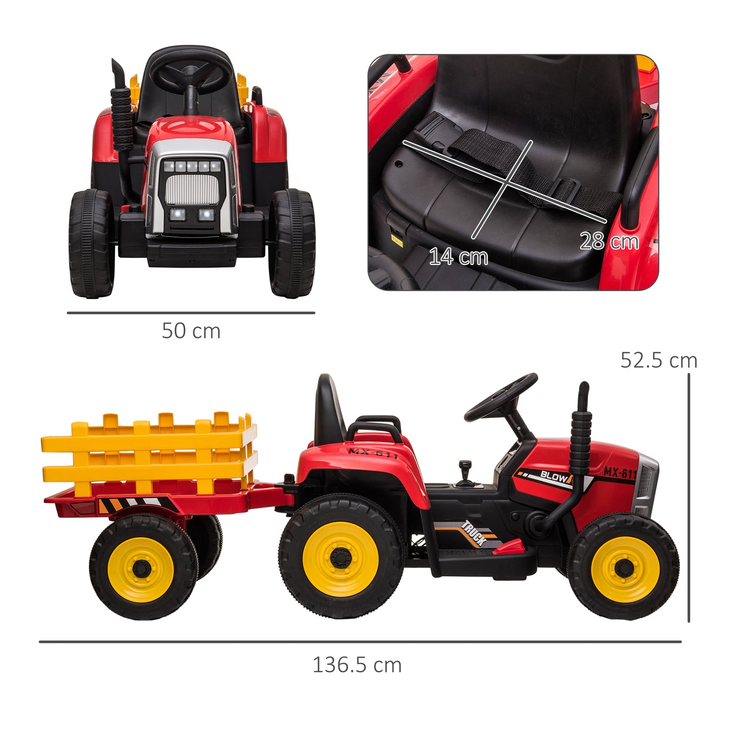 HOMCOM Electric Tractor for Children 3-6 Years with Removable Trailer, 12V Battery and Remote Control, Red - Borgè