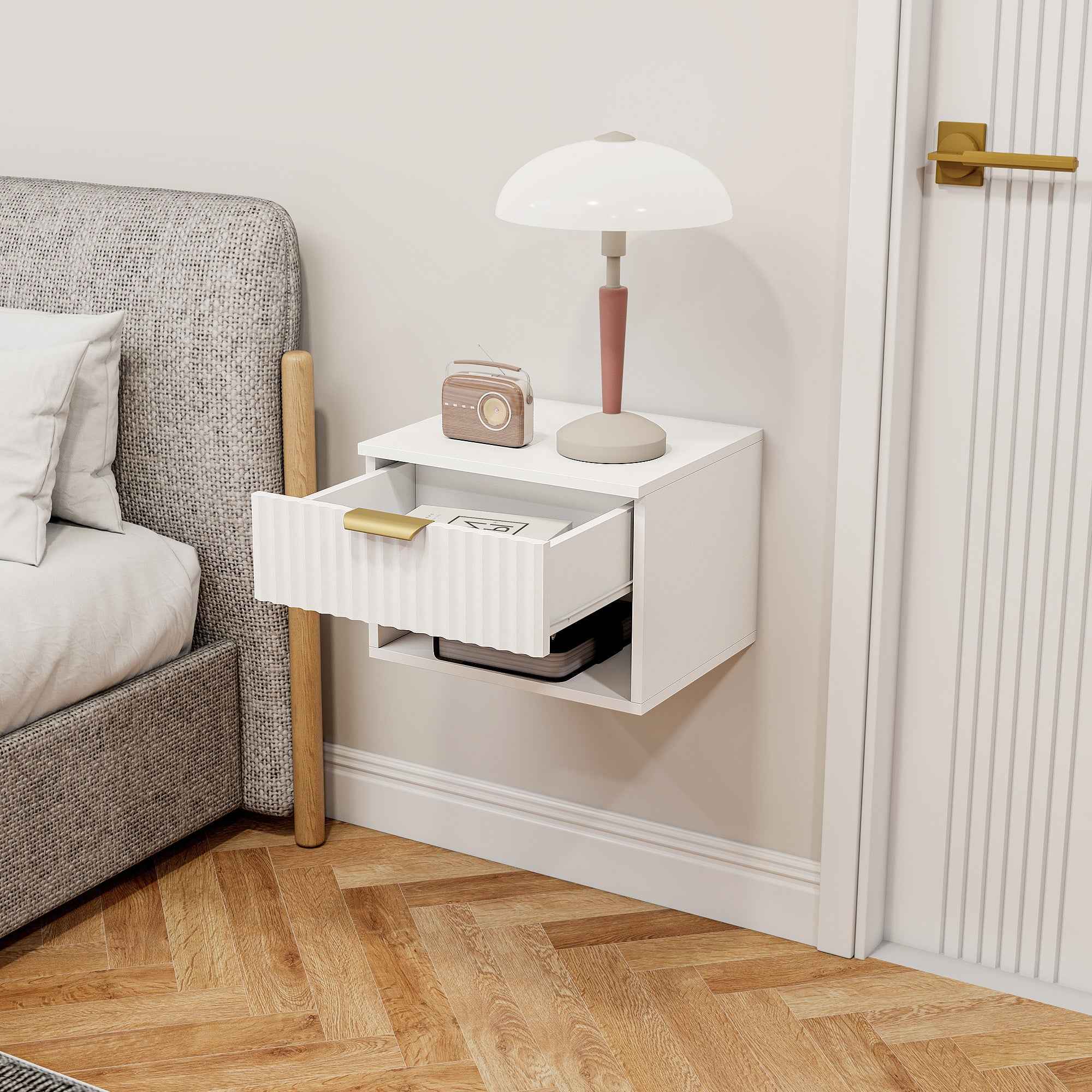 HOMCOM Set of 2 Floating Nightstands with Grooved Panels, Drawer and Shelf, 40x34x29 cm, White