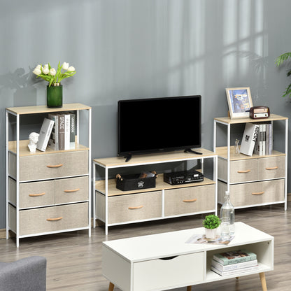 47" TV Stand with Folding Fabric Drawers and Metal and MDF Shelf, 98x29x56cm, Wood Color