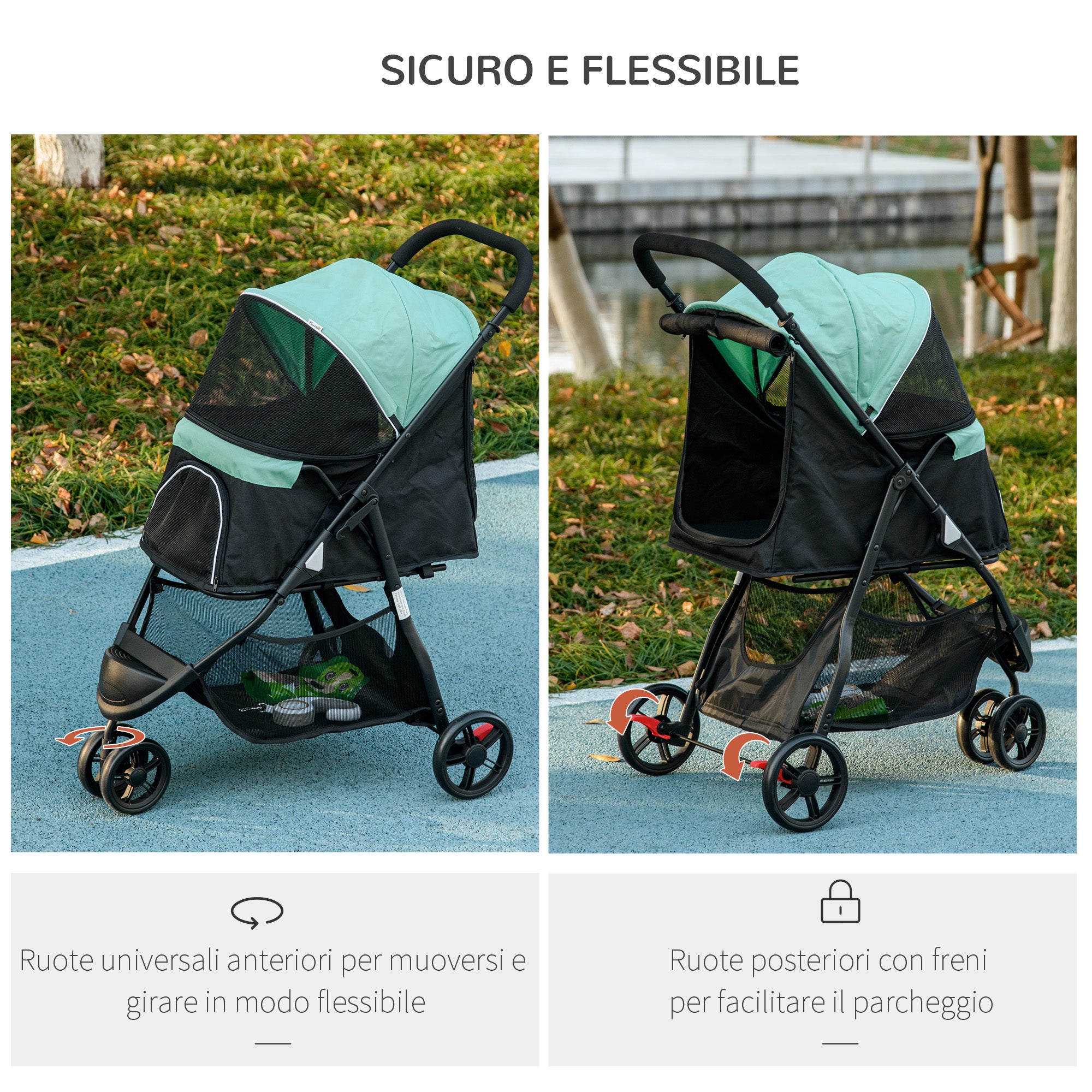3-Wheel Folding Small Dog Stroller with Rain Cover and Basket, Green